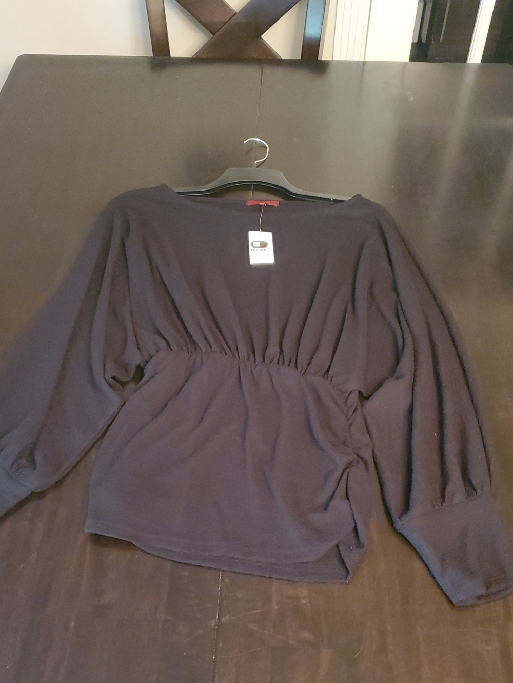 Women’s Black Gathered Waist Long Sleeve Top